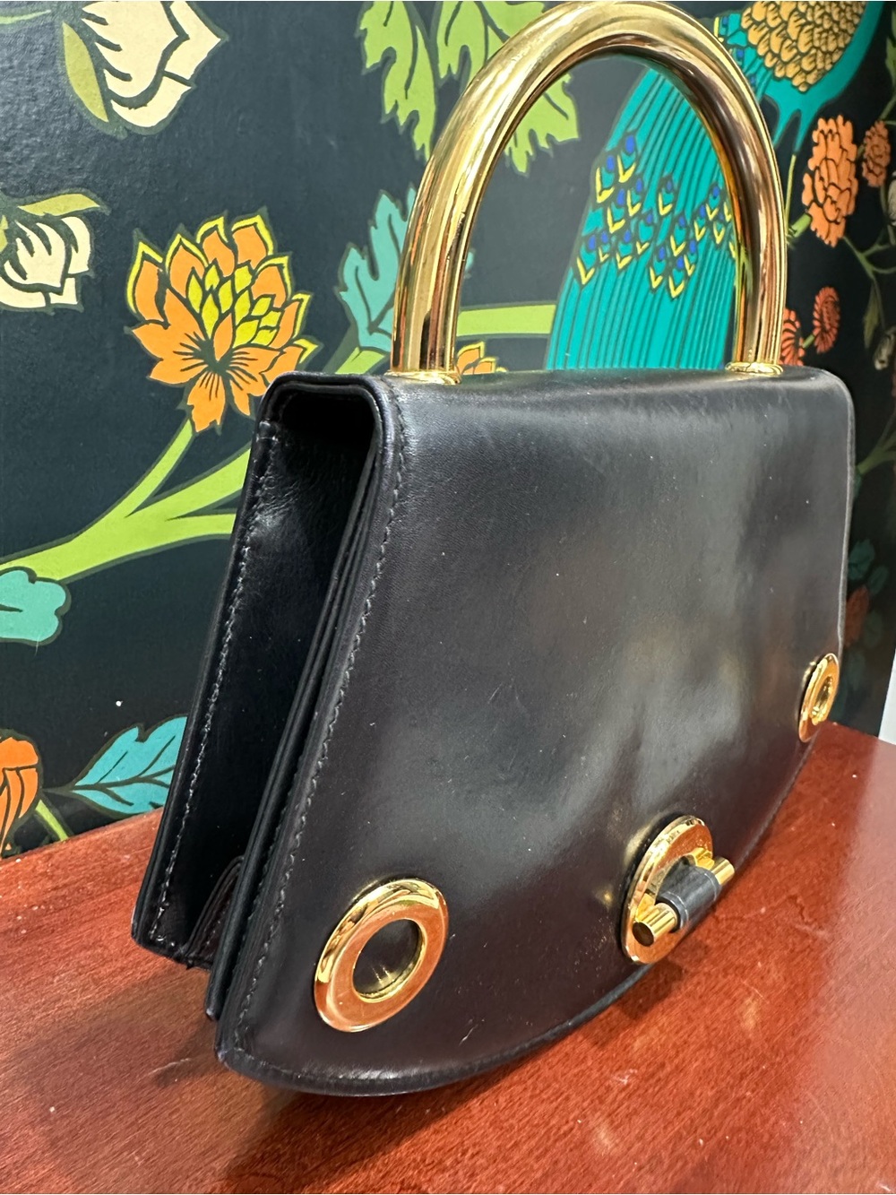 Vintage Bally Black Leather Top Handle Bag Gold Metal Handle Made in Italy - Picture 8 of 17